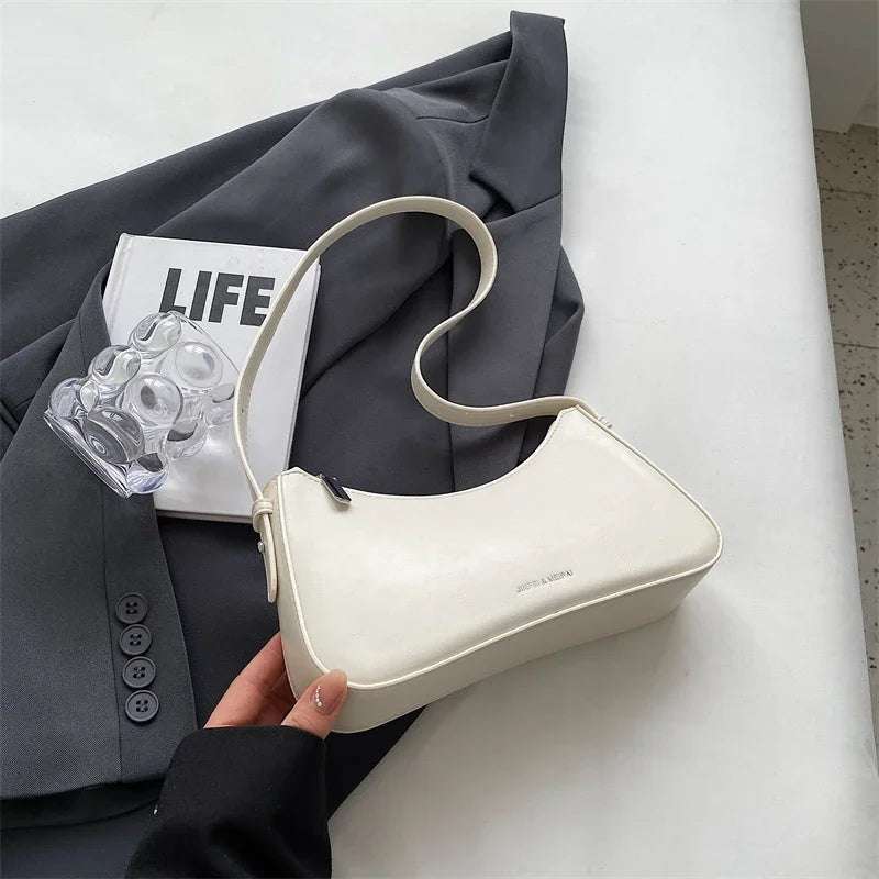 Women Leather Underarm Shoulder Bag Beige