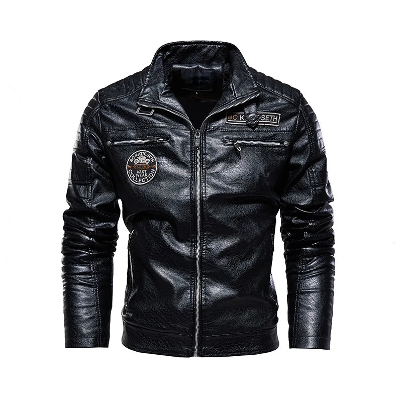 Leather Jacket Men | Fleece Motorcycle Windbreaker Slim Coat | Removable Fur Collar Black