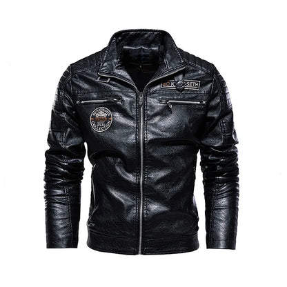Leather Jacket Men | Fleece Motorcycle Windbreaker Slim Coat | Removable Fur Collar Black