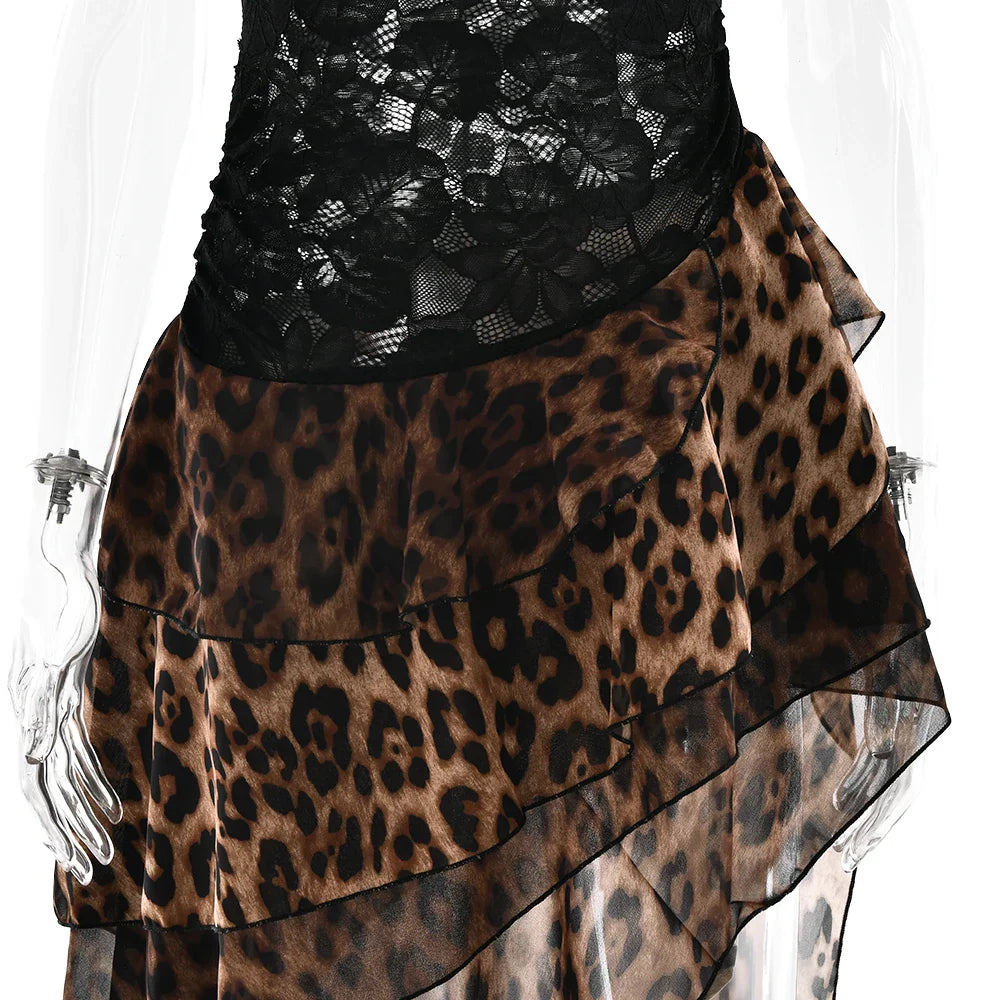 Women Leopard Print See Through Lace Dress | One Shoulder Ruffle Dress | Summer Elegant Party Dress