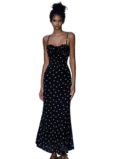 Women Summer Polka Dot Black Dress | Spaghetti Strap | Elegant | Maxi Bodycon | Vestidos black