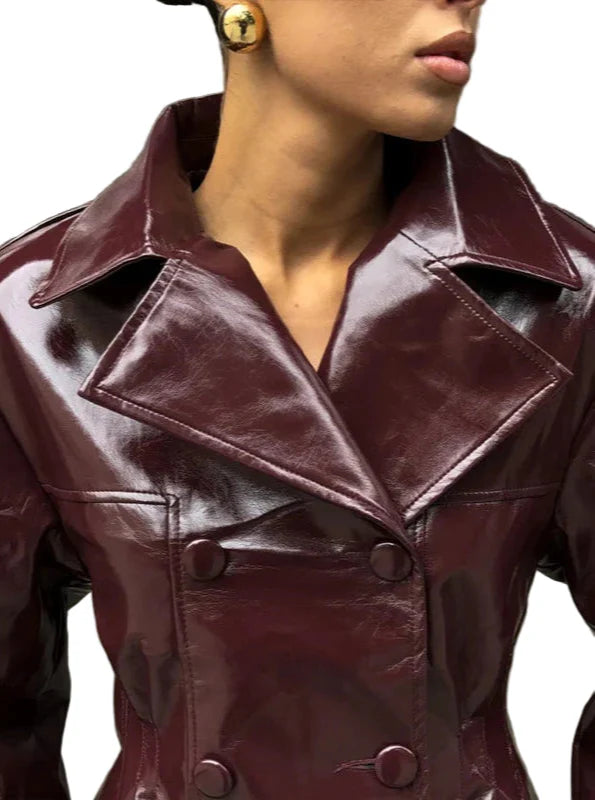 Women Vintage Leather Jacket | Skirt | Set | Vintage Short Leather Skirt Burgundy Jacket