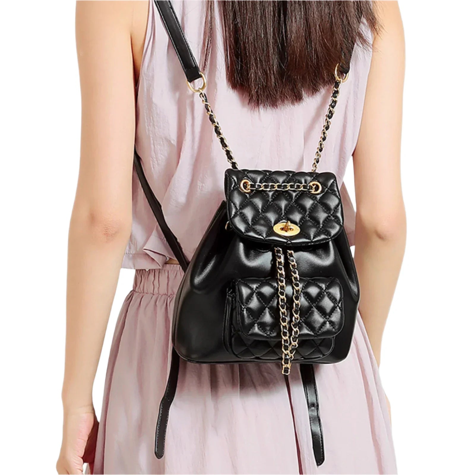 Women Leather Small Quilted Backpack | Drawstring Bag