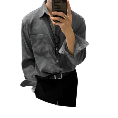 Men Suede Button Down Shirt | Long Sleeves Button Down | Corduroy Casual Loose Shirt