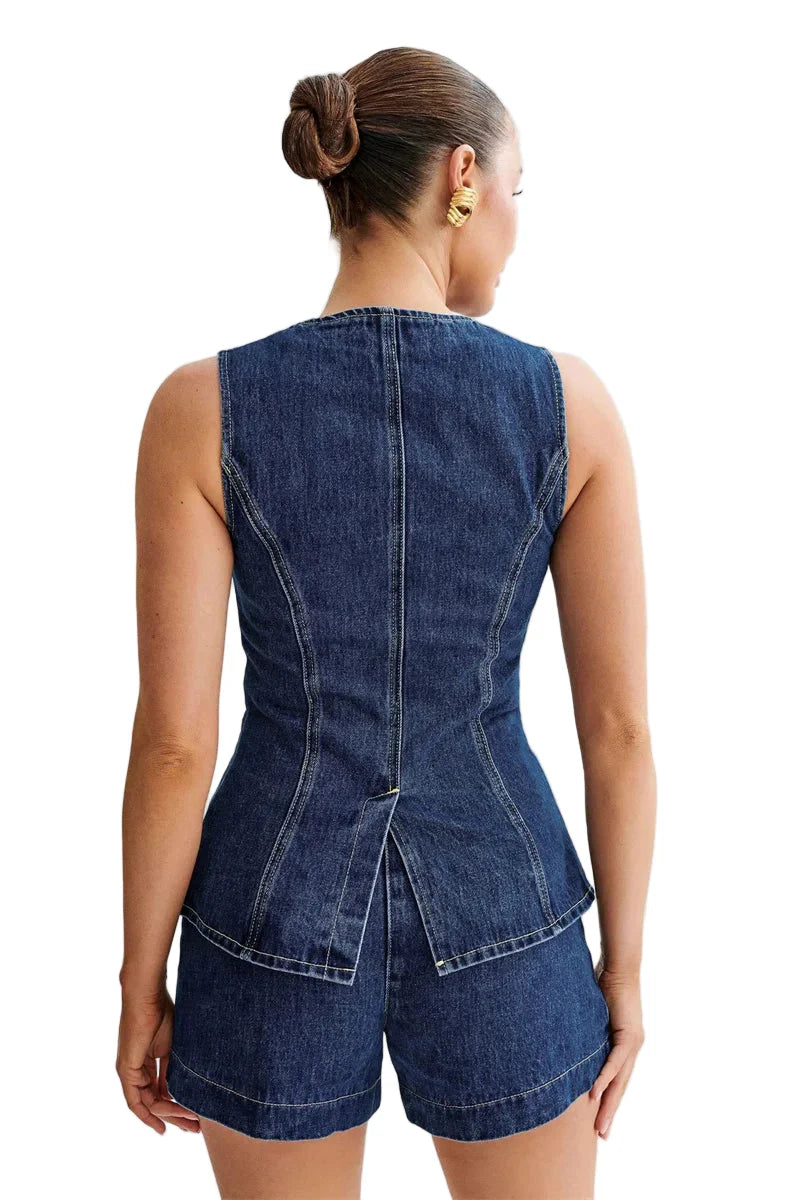 Women Summer Denim Vest | Denim Top | High Waist Wide Leg Shorts | Set