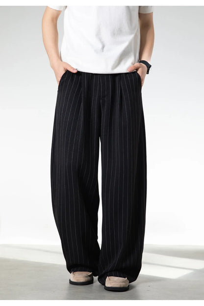 Men Classic Striped Pleated Wide Leg Trousers | Baggy | Straight | Dress Pants | Business