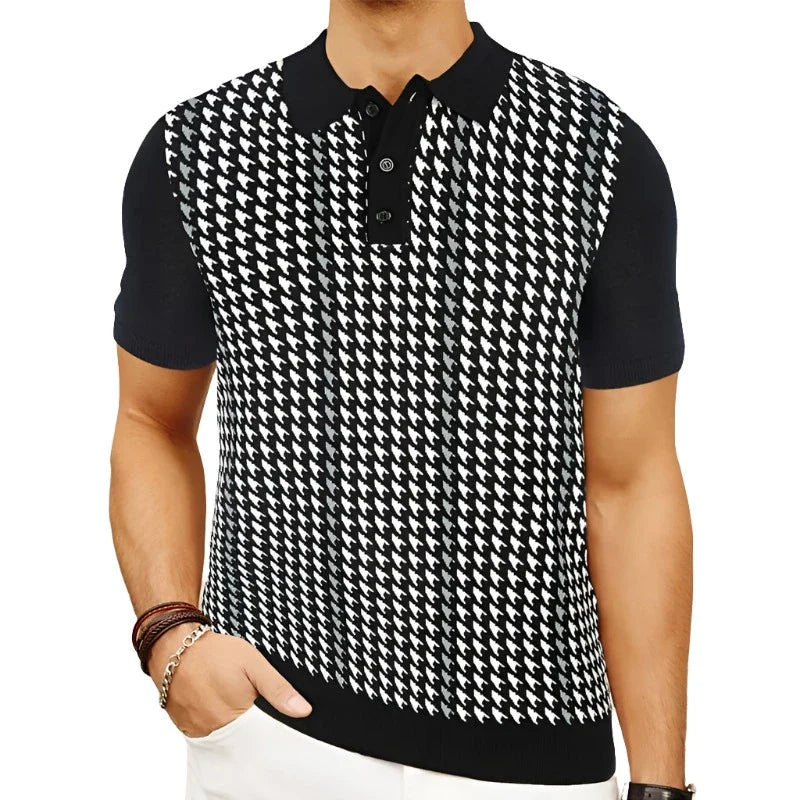 Men Classic Houndstooth Knitted Polo Shirt | Crochet Knit Polo Collar | Short Sleeve Pullover