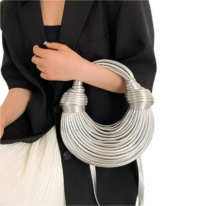 Women Luxury Designer Handwoven Noodle Bag | Rope Knotted | Hobo Evening Clutch Silver