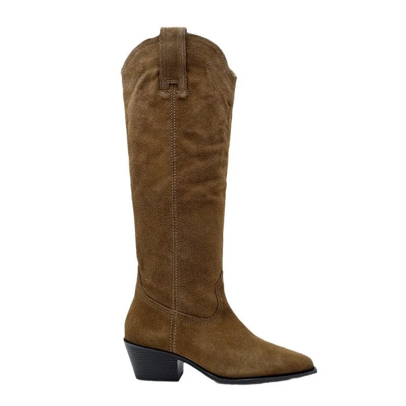 Women Suede Knee High Boots | Chunky Heel Cowgirl Boots | Pointed Toe Boots brown