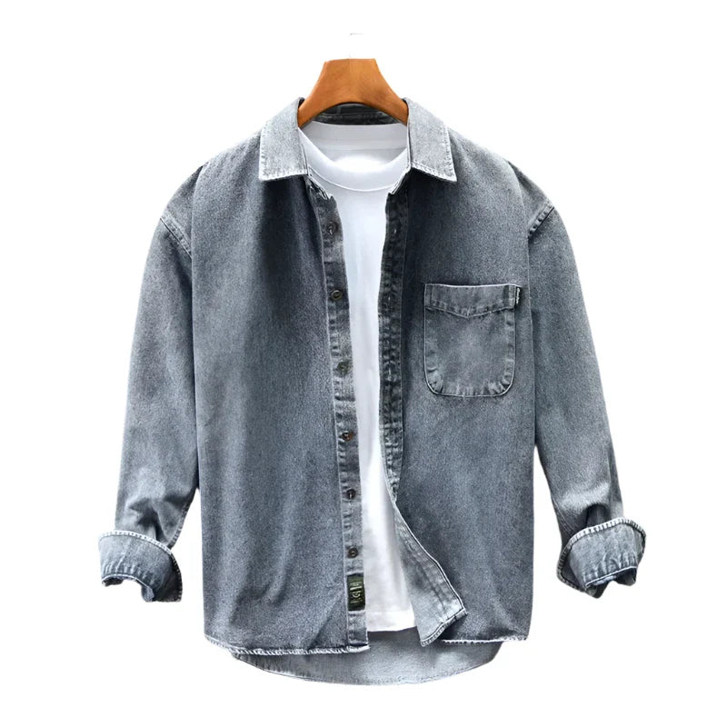Men Retro Washed Casual Denim Shirt | Button Down Blue Gray