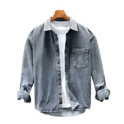 Men Retro Washed Casual Denim Shirt | Button Down Blue Gray