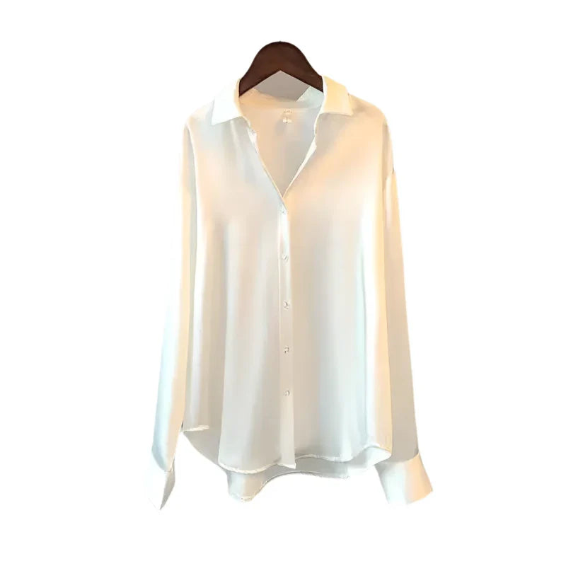 Women Satin Blouse | Long Sleeve Button-Down | Casual Office Silk Shirt White