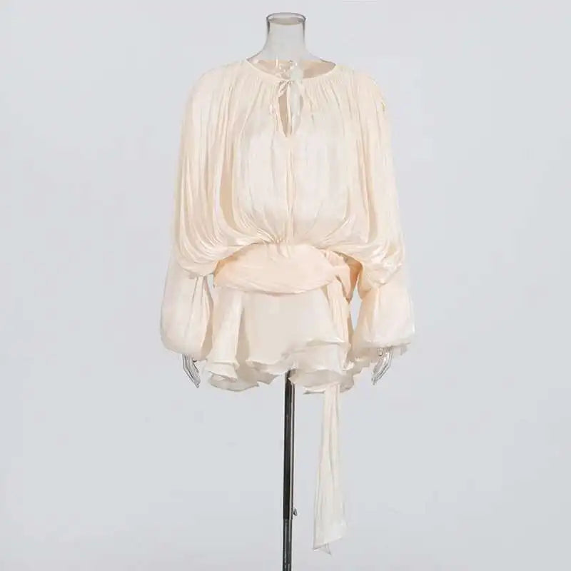 Women Flowy Mini Dress | V Neck | Long Sleeve | Spliced | Lace Up | Blouse Dress