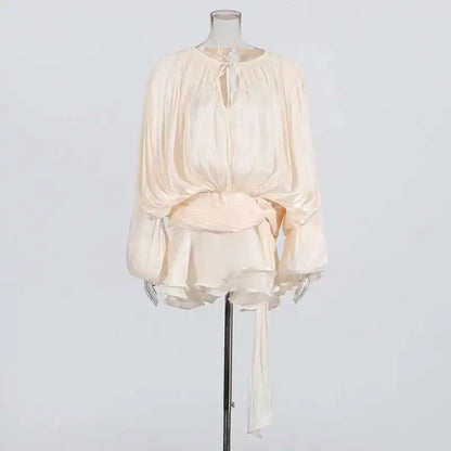 Women Flowy Mini Dress | V Neck | Long Sleeve | Spliced | Lace Up | Blouse Dress
