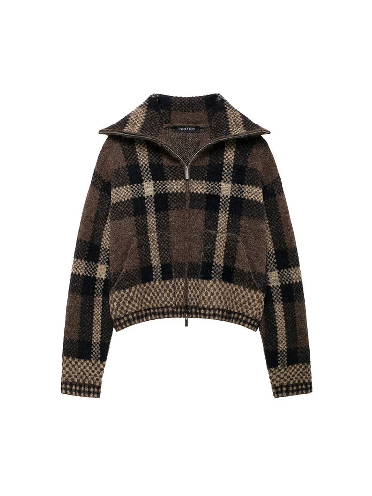 Women Short Knitted Jacket | Check-Knit Winter Bomber Jacket Brown