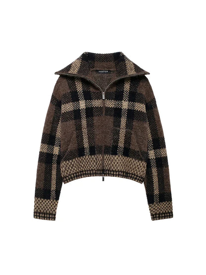 Women Short Knitted Jacket | Check-Knit Winter Bomber Jacket Brown