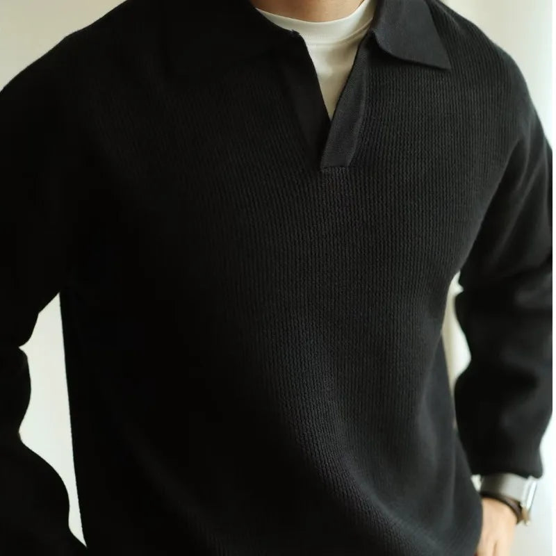 Men Polo Knitted Sweater | Long Sleeve V-Neck Casual Knitwear black