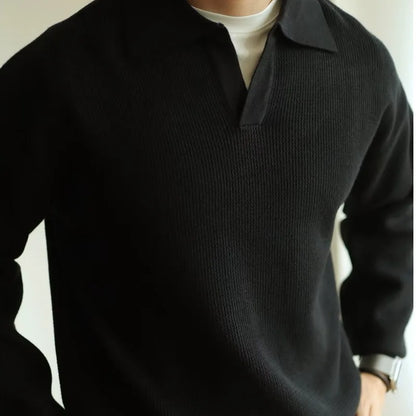 Men Polo Knitted Sweater | Long Sleeve V-Neck Casual Knitwear black