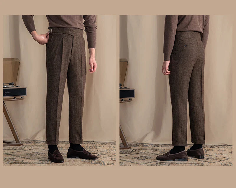 Men Vintage Wool Herringbone Pattern Pants | Casual | British | Warm | High Waist | Straight Pants