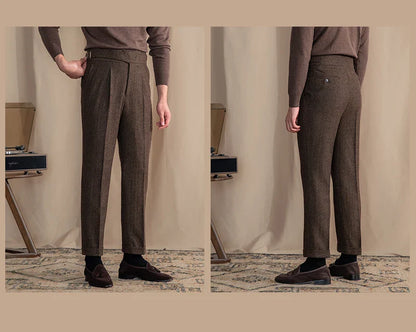 Men Vintage Wool Herringbone Pattern Pants | Casual | British | Warm | High Waist | Straight Pants