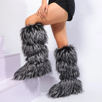 Women Winter Boots | Faux Fur Snow Boots | Warm Long Boots | Plush Over Knee | High Boots | Y2K | Furry Shoes Silver