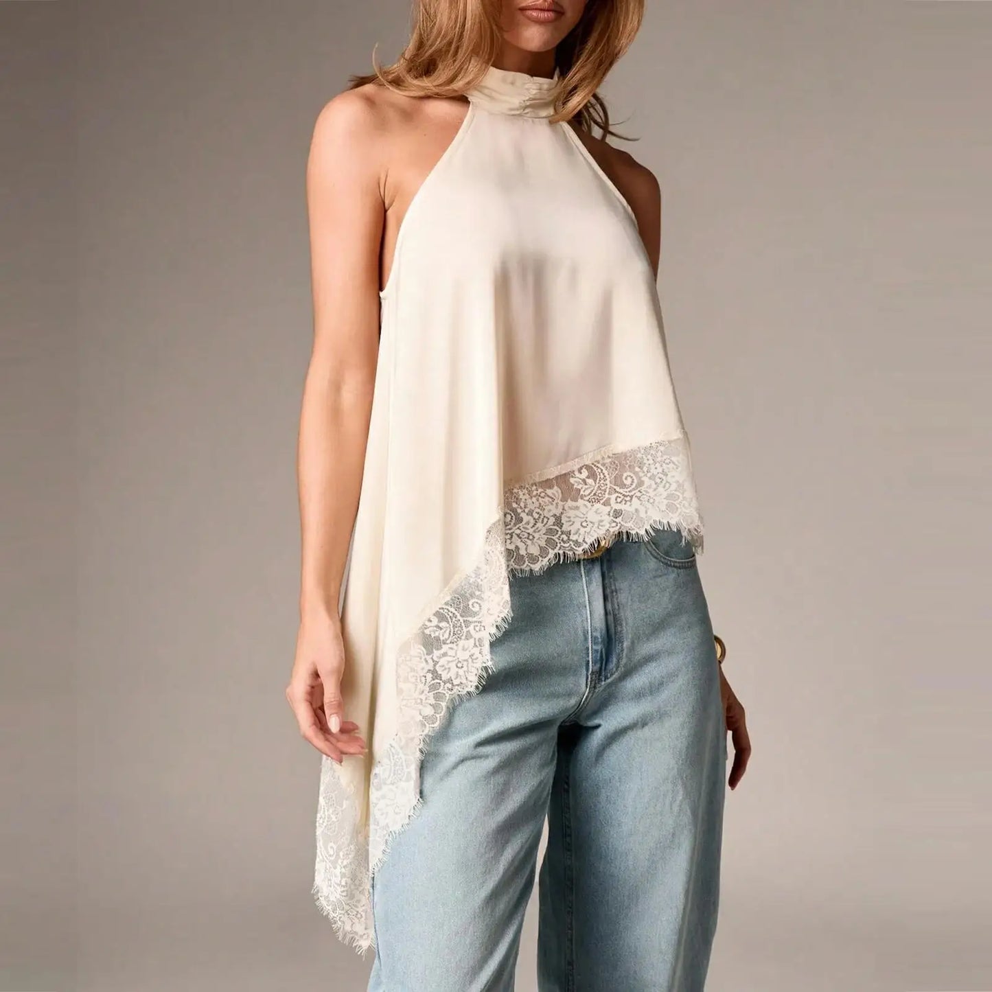 Women Asymmetrical Lace Satin Top | Silk Vest | Draped Choker | Halter Neck | Cami