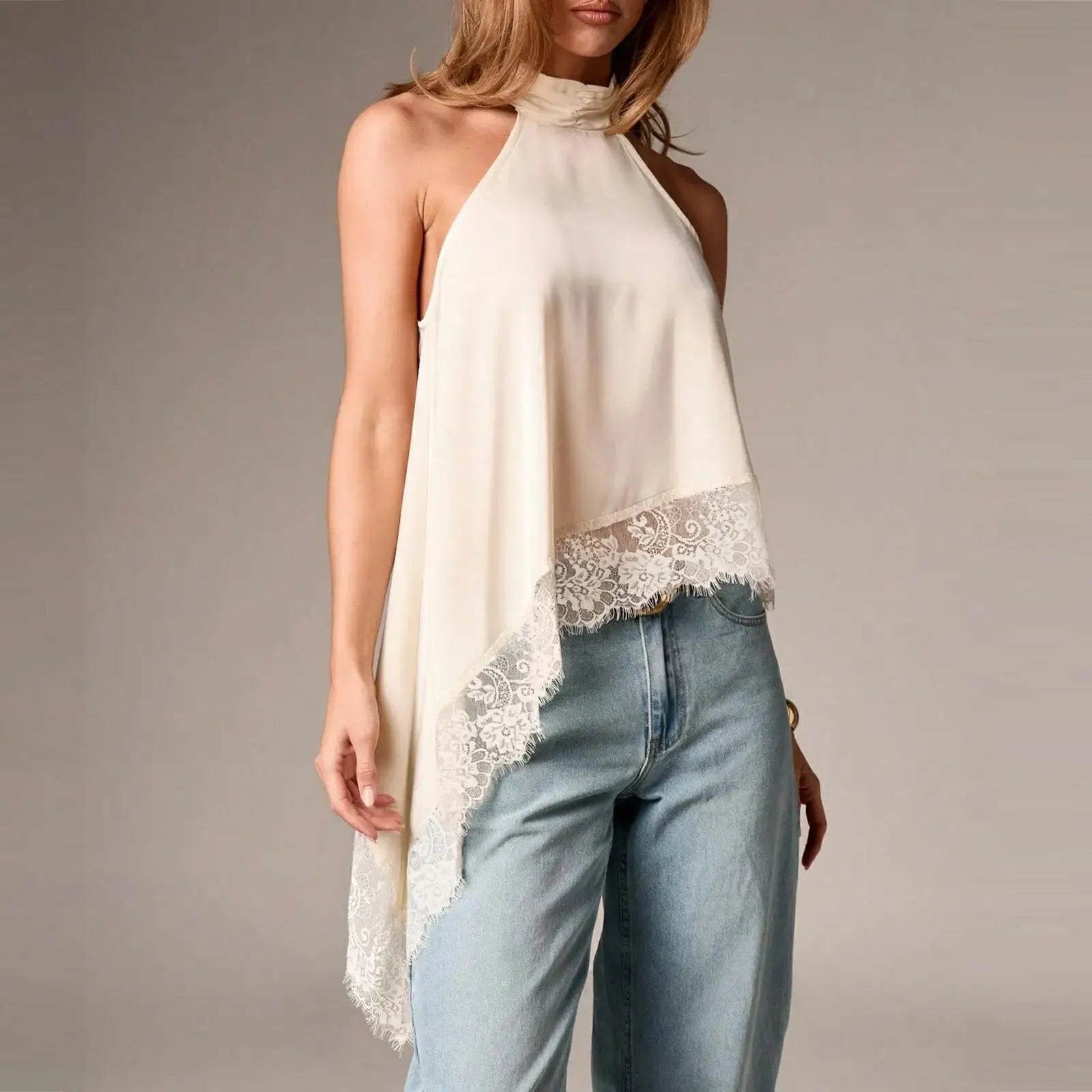 Women Asymmetrical Lace Satin Top | Silk Vest | Draped Choker | Halter Neck | Cami