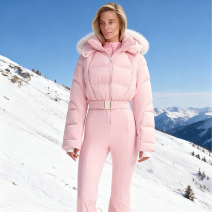 Women Pink Ski Wear Jumpsuit | Long Sleeve | Hoodie | Wide Leg Jumpsuit | Winter | Thick | Warm