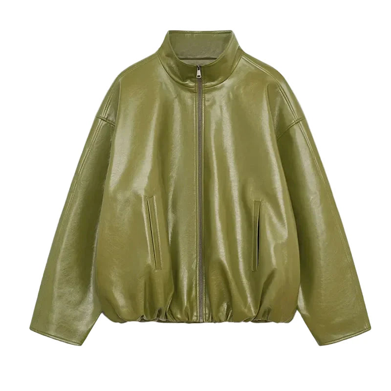 Woman Glossy Leather Two Piece Set | Leather Jacket | Straight Long Leather Skirt | Autumn | Stand Collar Zipper Jacket | Green Jacket
