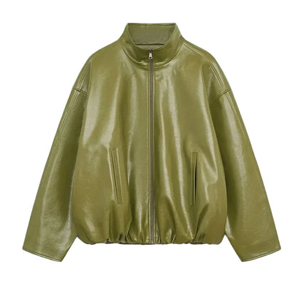 Woman Glossy Leather Two Piece Set | Leather Jacket | Straight Long Leather Skirt | Autumn | Stand Collar Zipper Jacket | Green Jacket