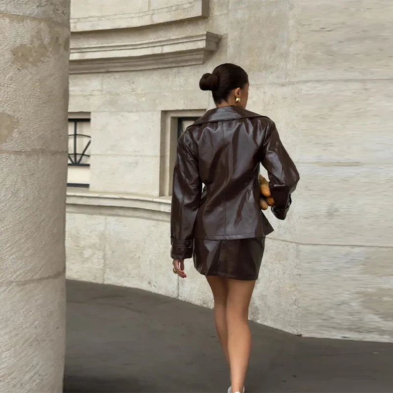 Women Vintage Leather Jacket | Skirt | Set | Vintage Short Leather Skirt
