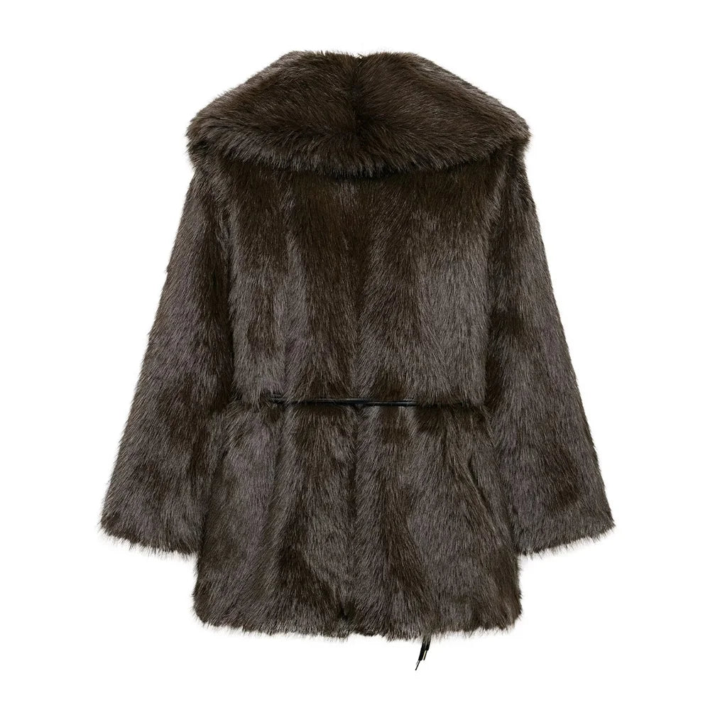 Women Fur Coat with Belt | Medium Long Coat | Long Sleeve | Loose Coat