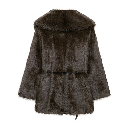 Women Fur Coat with Belt | Medium Long Coat | Long Sleeve | Loose Coat