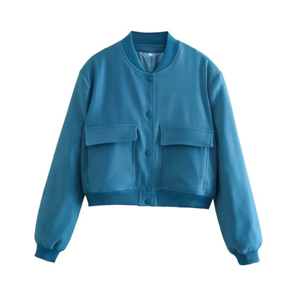 Women Solid Bomber Jacket Blue