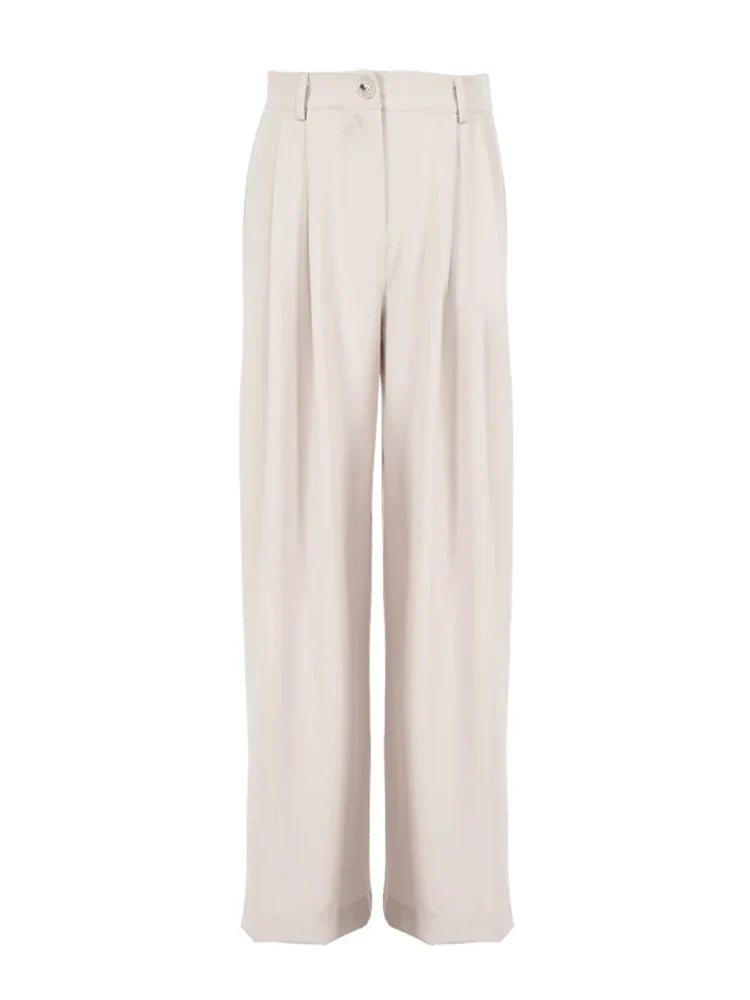 Women Classic 2 Piece Set | Vintage Plain Loose Shirt | Palazzo Floor-Length Pants Beige Pants