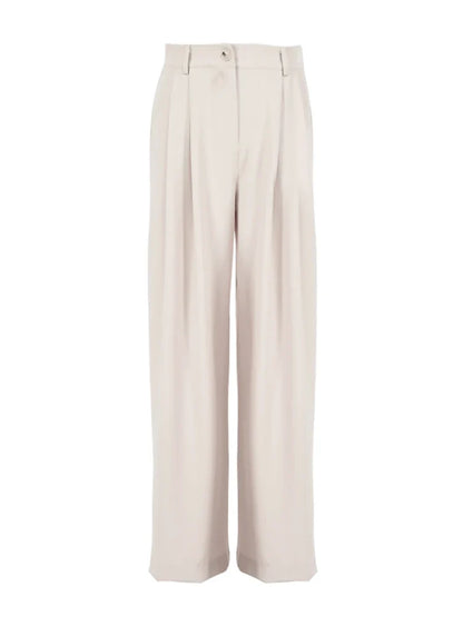 Women Classic 2 Piece Set | Vintage Plain Loose Shirt | Palazzo Floor-Length Pants Beige Pants