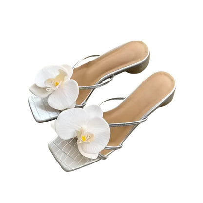Women Orchid Flower Sandals | Vacation | Beach Sandals | Orchid Sandals | Small Heels Silver