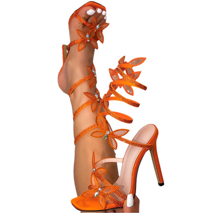 Women Crystal Butterfly-Knot Ankle Strap Sandals | Stiletto High Heels | Party Heels Orange