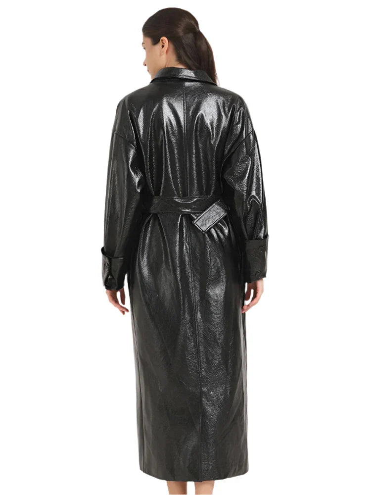 Women Leather Trench Coat With Belt | Extra Long Cherry Red Leather Coat