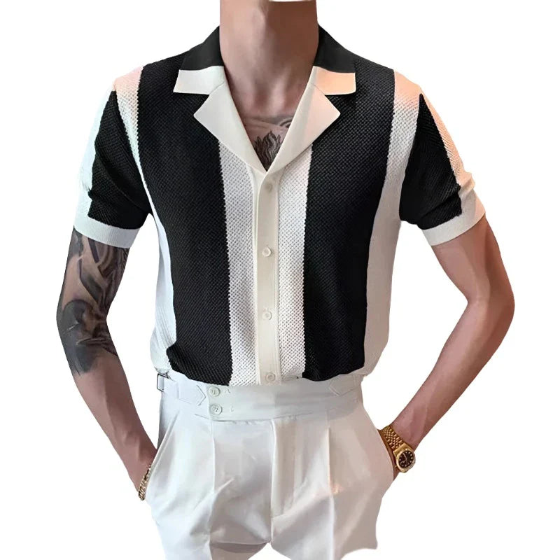 Men Knit Striped Contrast Shirt | Summer Short Sleeve | Buttoned Knitted Cardigan Black