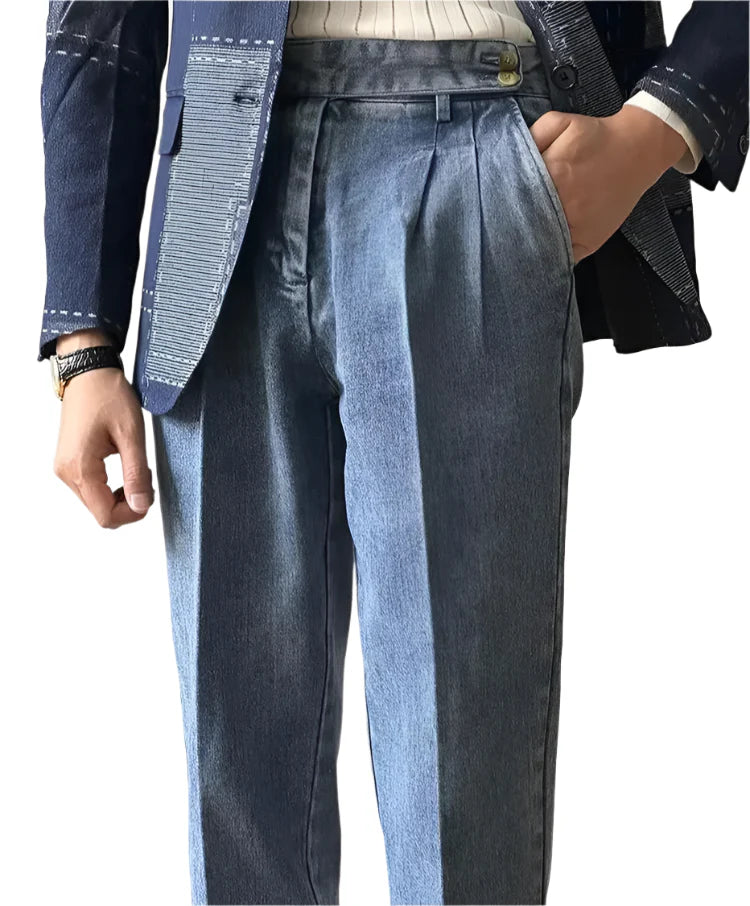 Men Naples Denim Trousers | Washed Denim Pants | Slim Fit Draped Straight Jeans