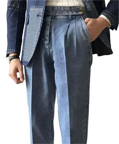 Men Naples Denim Trousers | Washed Denim Pants | Slim Fit Draped Straight Jeans