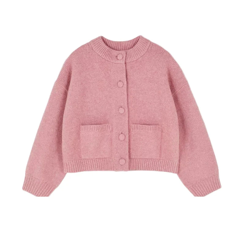Women Knitted Sweater | Round Neck | Long Sleeve Sweater | Single Breasted pink