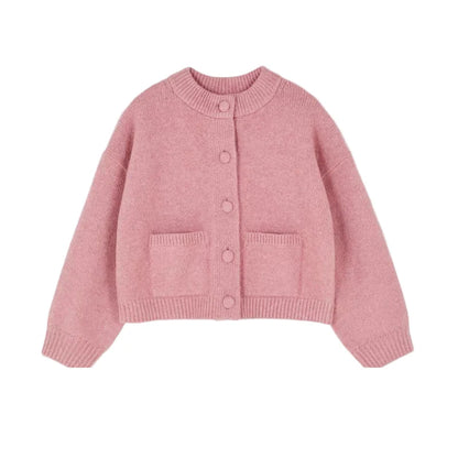 Women Knitted Sweater | Round Neck | Long Sleeve Sweater | Single Breasted pink