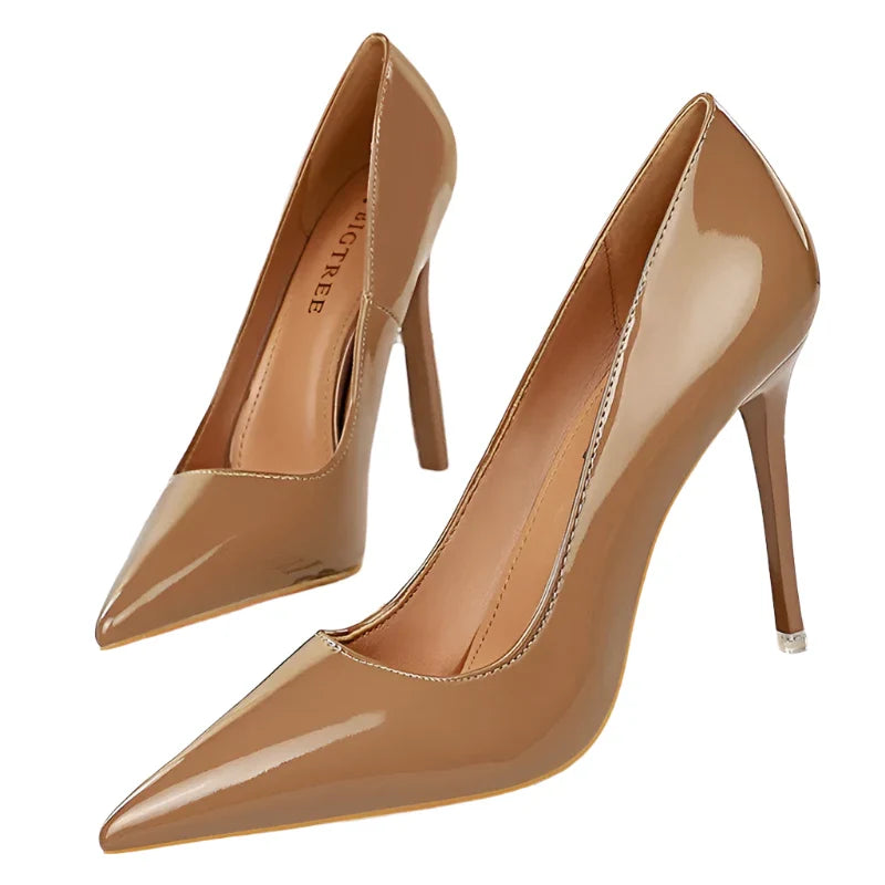 Women High Heel Pumps | Scarpins Metallic Leather Stiletto Camel