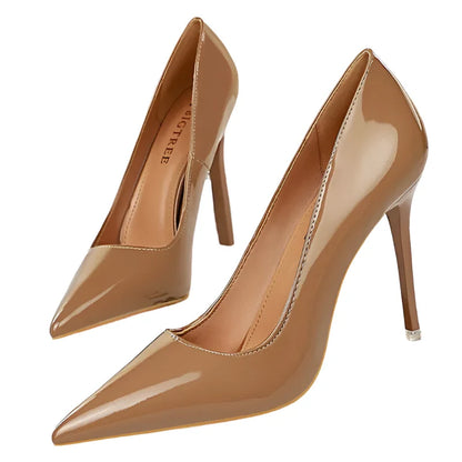 Women High Heel Pumps | Scarpins Metallic Leather Stiletto Camel