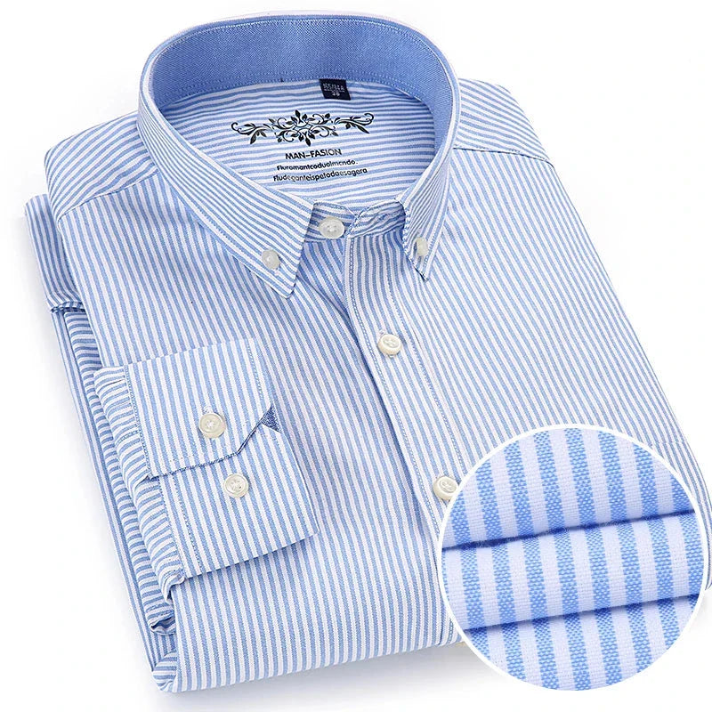Striped Oxford Long-Sleeve Shirt Men | Soft Plaid Cotton | Slim Fit Formal | Office Wear Light Blue