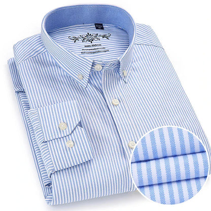 Striped Oxford Long-Sleeve Shirt Men | Soft Plaid Cotton | Slim Fit Formal | Office Wear Light Blue