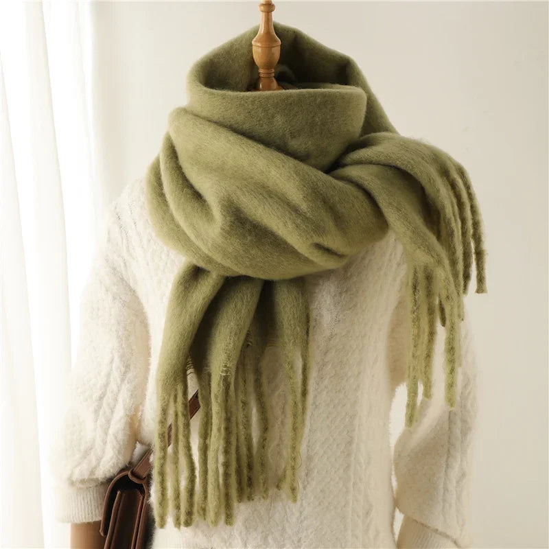 Women Warm Winter Cashmere Scarf | Thick Soft Tassel Shawl | Long Poncho | Echarpe | Pashmina Moss Green