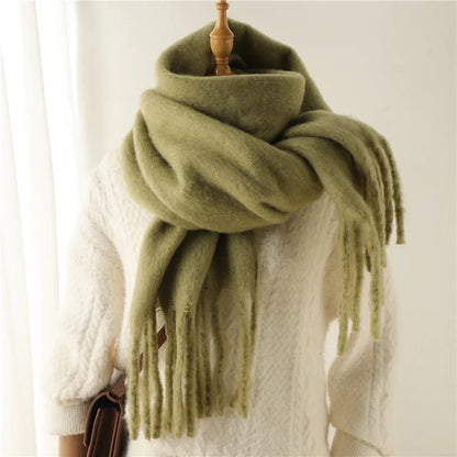 Women Warm Winter Cashmere Scarf | Thick Soft Tassel Shawl | Long Poncho | Echarpe | Pashmina Moss Green